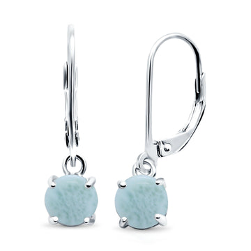 Round Natural Larimar Leverback Earrings 925 Sterling Silver (25.4mm)